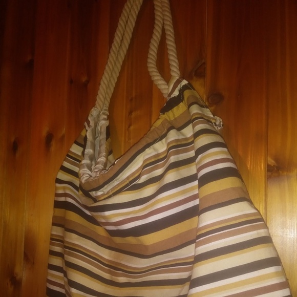 *BROWN STRIPED CLOTH HANDBAG with ROPE HANDLE (NWOT) - Picture 1 of 2